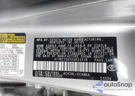 2005 Toyota Camry Le from USA, damaged, VIN 4T1BE32K55U622518